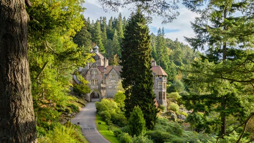 Cragside House surrounded by green trees. Photo taken during the summer.